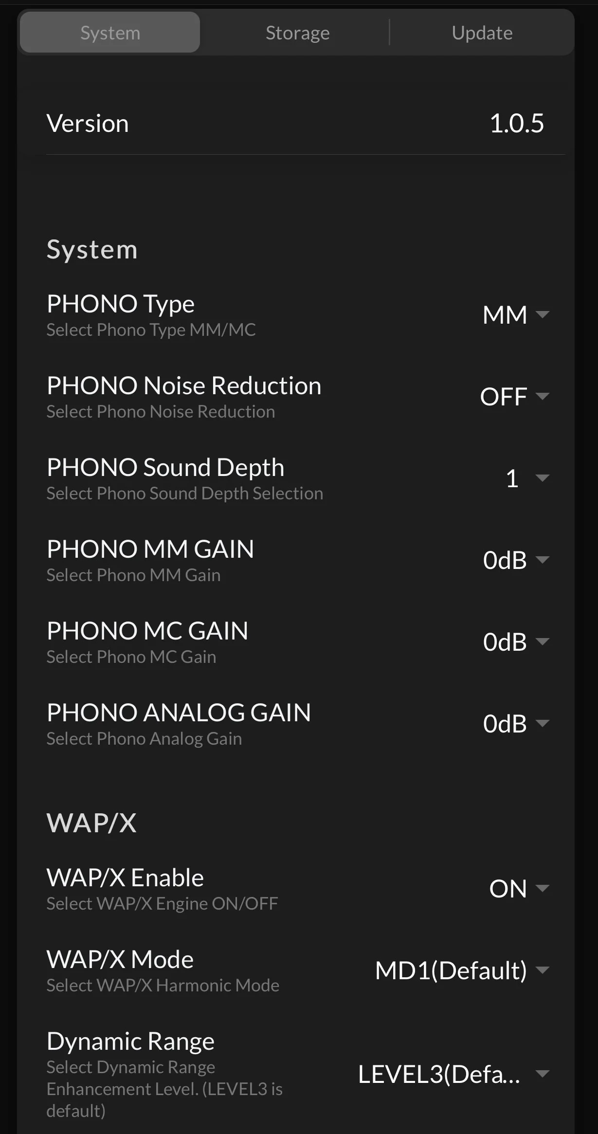 WPhono-Lite 設定メニュー